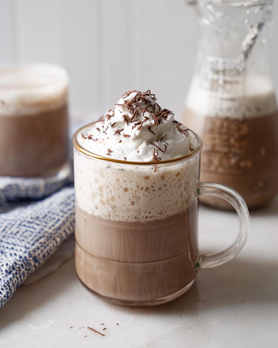 A glass mug filled with a creamy beverage, topped with whipped cream and chocolate shavings. Homemade Irish Cream.