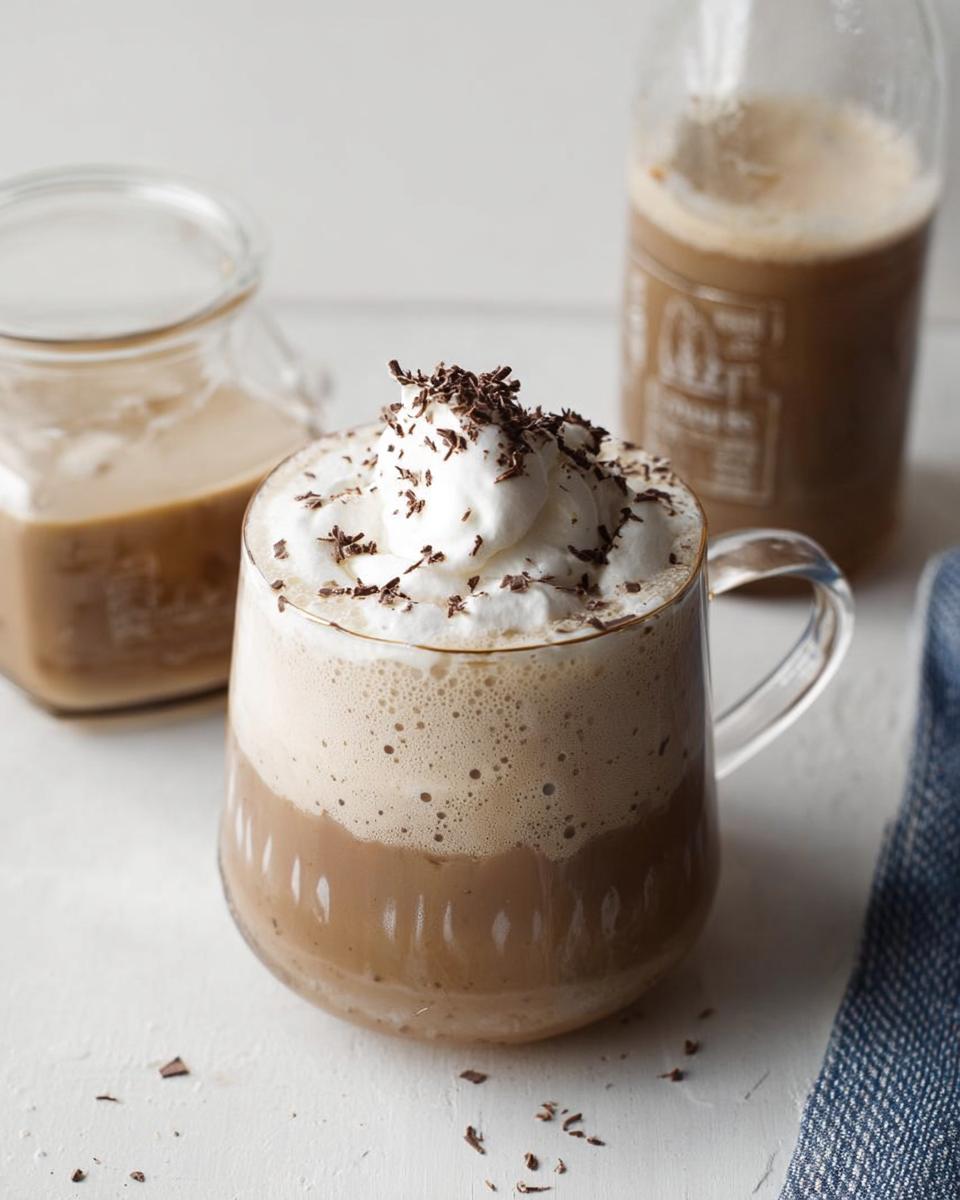 A frothy glass of homemade Irish cream topped with whipped cream and chocolate shavings, with bottles of Irish cream in the background.