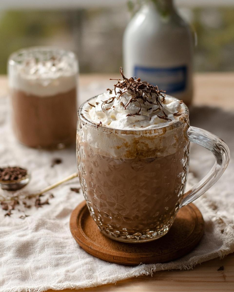 A close-up of a rich chocolate drink topped with whipped cream and chocolate shavings, made with homemade Irish cream for baking.