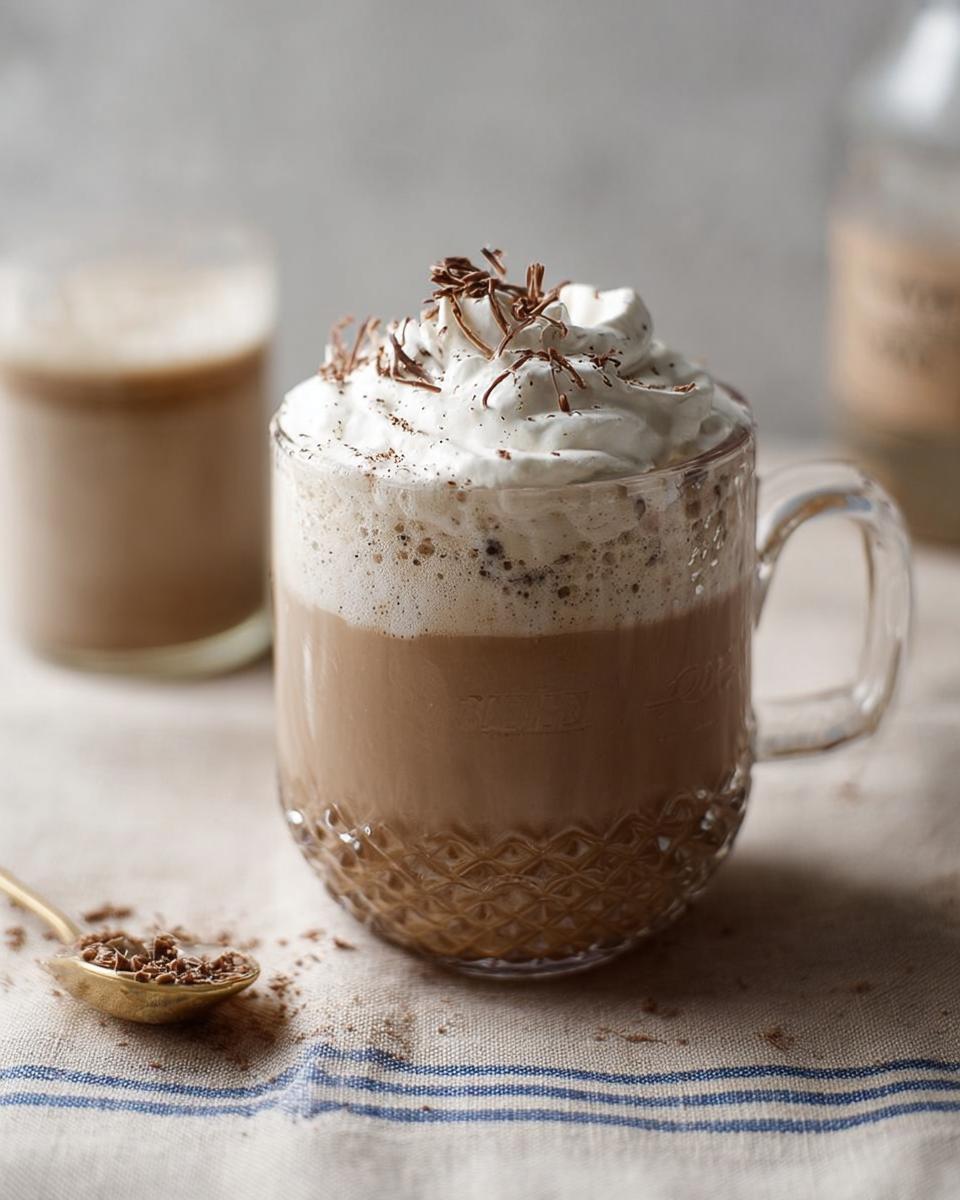 A mug of creamy Homemade Irish Cream for Baking topped with whipped cream and chocolate shavings.
