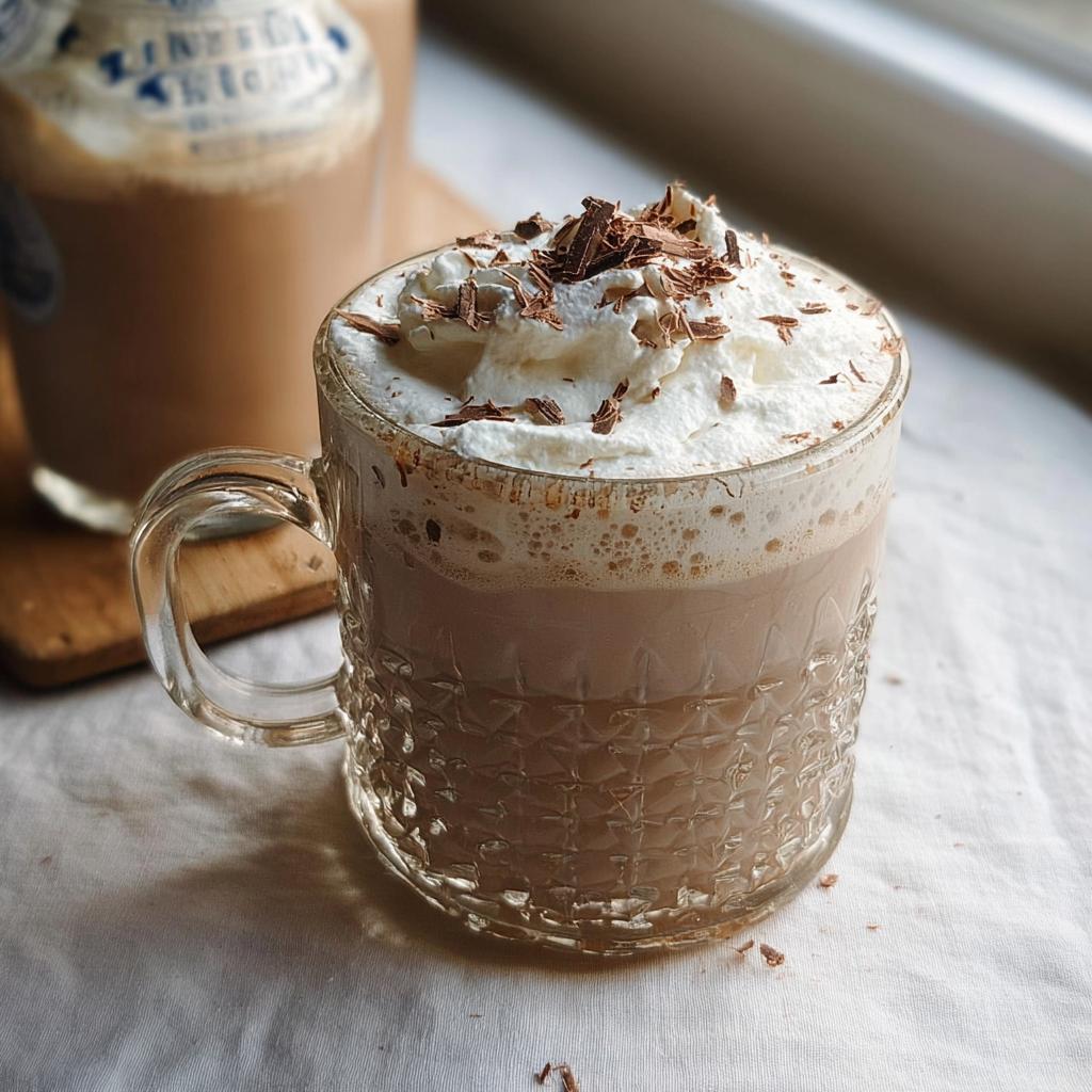 A glass mug filled with Homemade Irish Cream, topped with whipped cream and chocolate shavings.