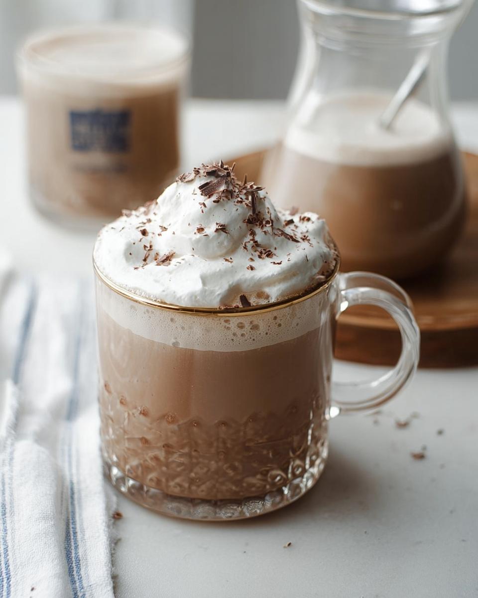 A mug filled with creamy Homemade Irish Cream, topped with whipped cream and chocolate shavings.