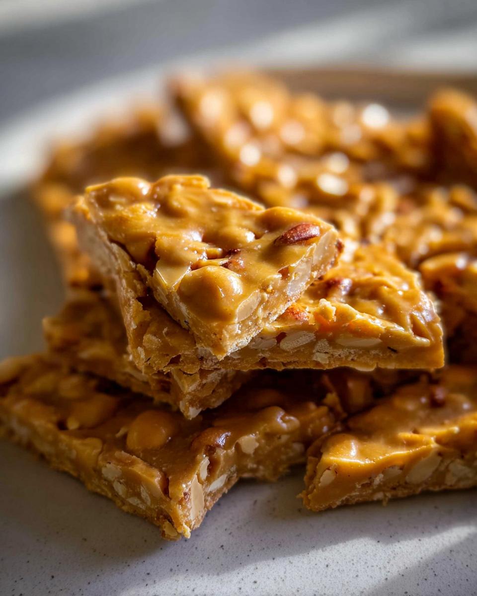 A close-up stack of freshly made Homemade Peanut Brittle, showcasing the crunchy texture and peanut pieces.
