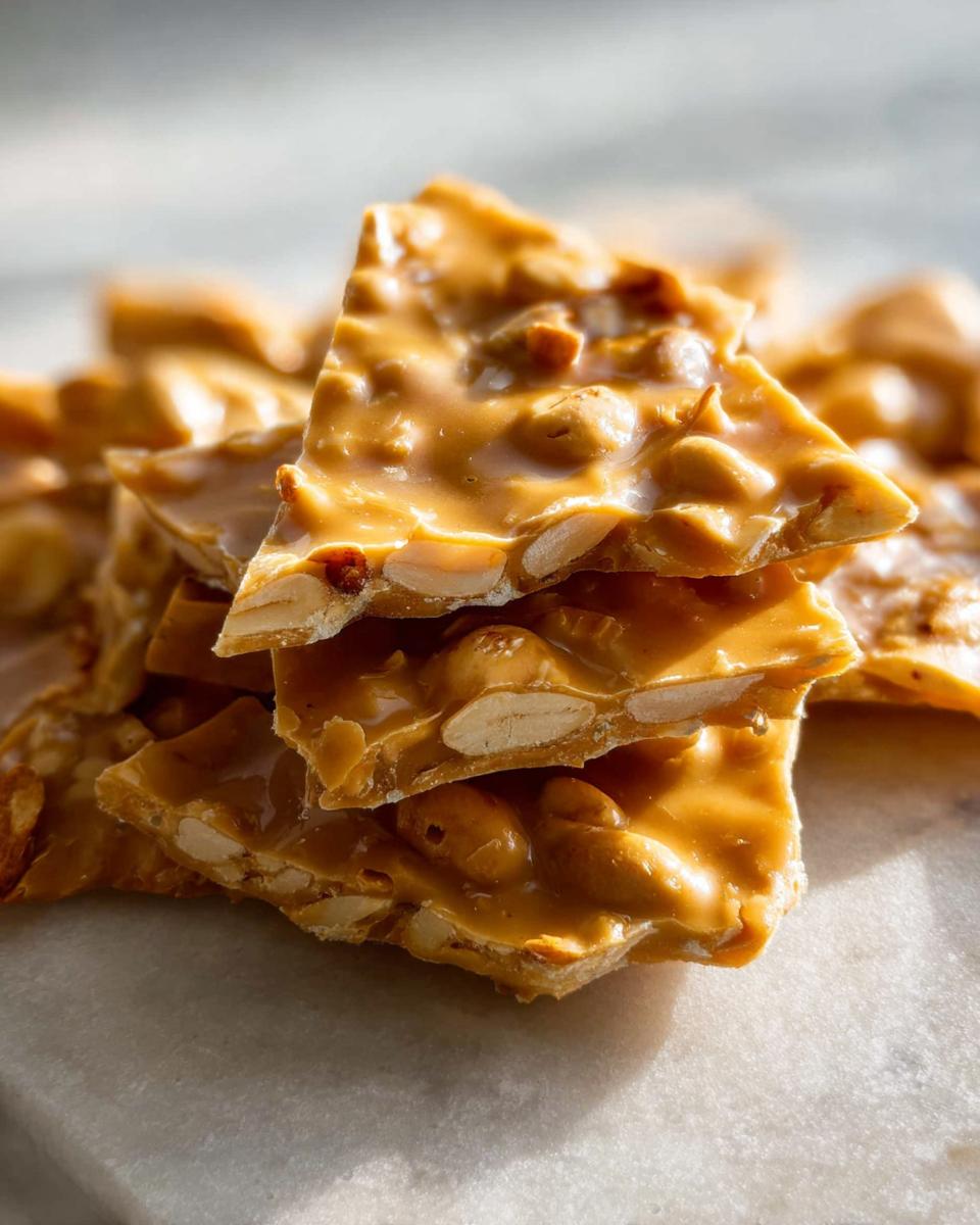 A close-up stack of freshly made Homemade Peanut Brittle, showcasing crunchy peanuts embedded in golden caramel.