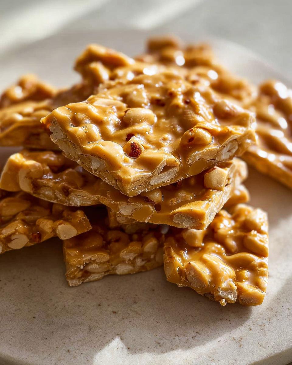 A close-up stack of crunchy Homemade Peanut Brittle pieces, showcasing roasted peanuts embedded in golden caramel.