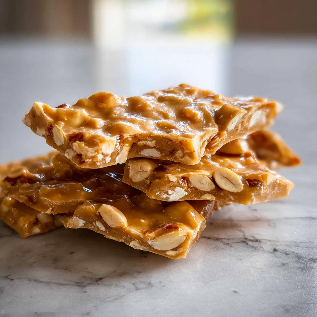 A close-up stack of broken pieces of golden homemade peanut brittle, showing peanuts embedded in the candy.