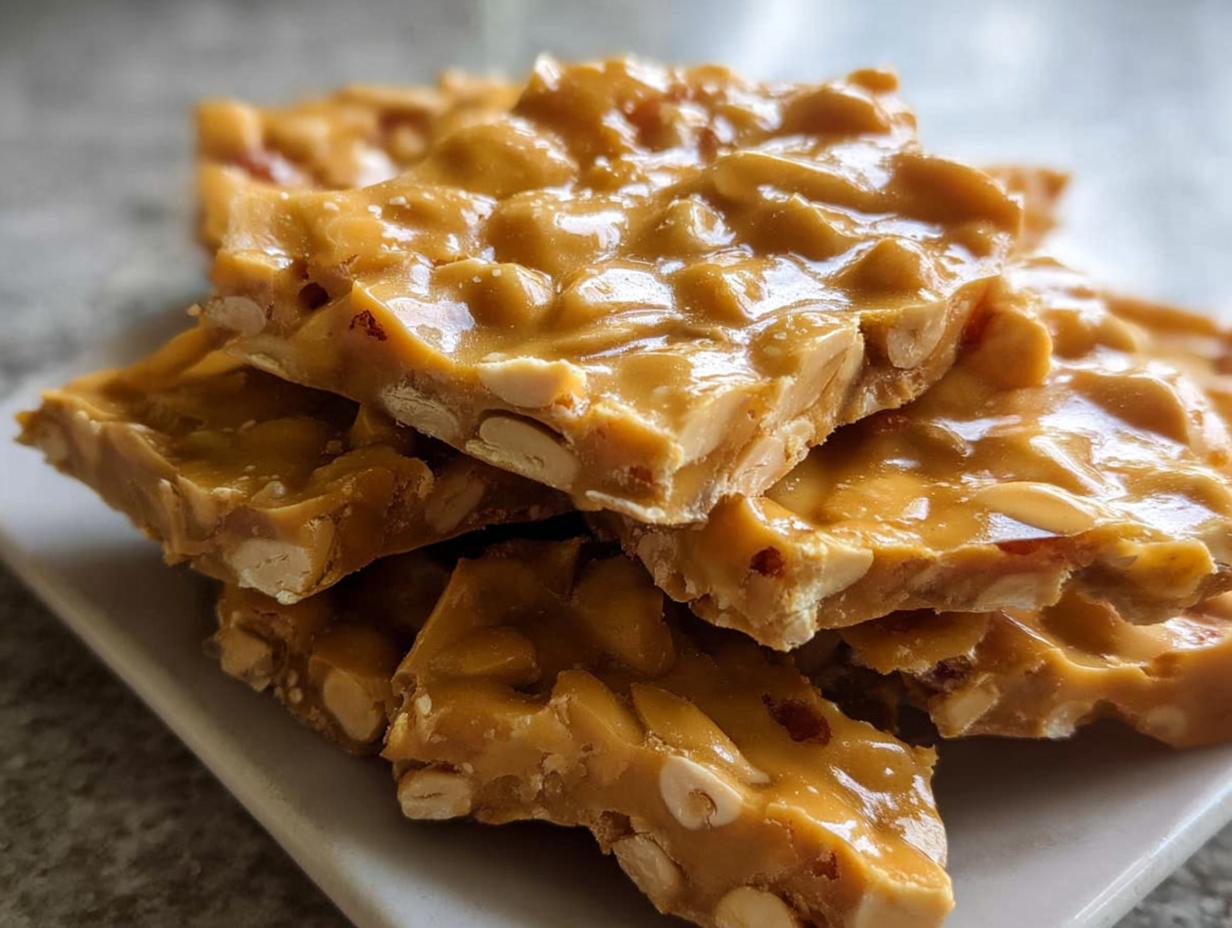 A close-up stack of crunchy homemade peanut brittle pieces, showcasing the golden caramel and peanuts.