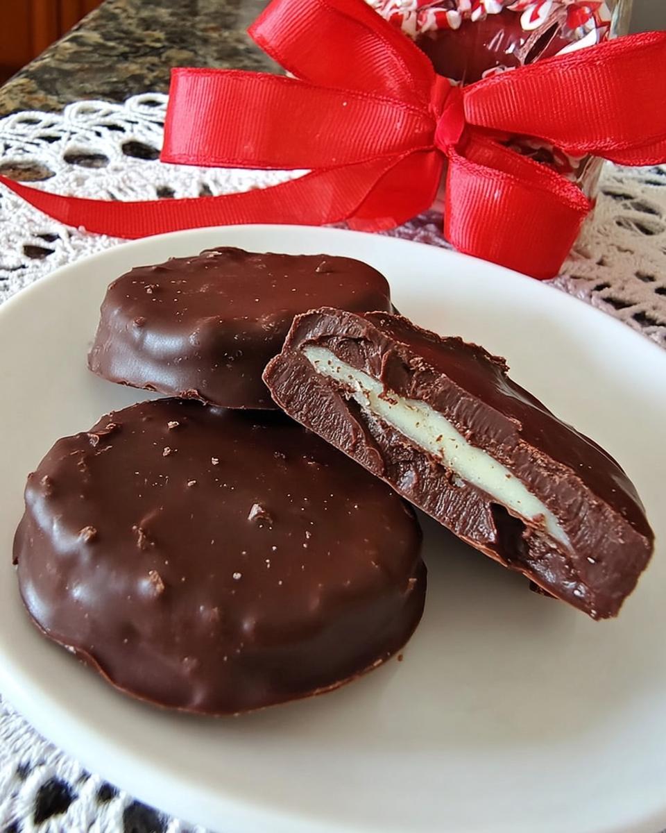 A close-up of three homemade peppermint patties on a white plate, one cut in half to show the creamy white filling.