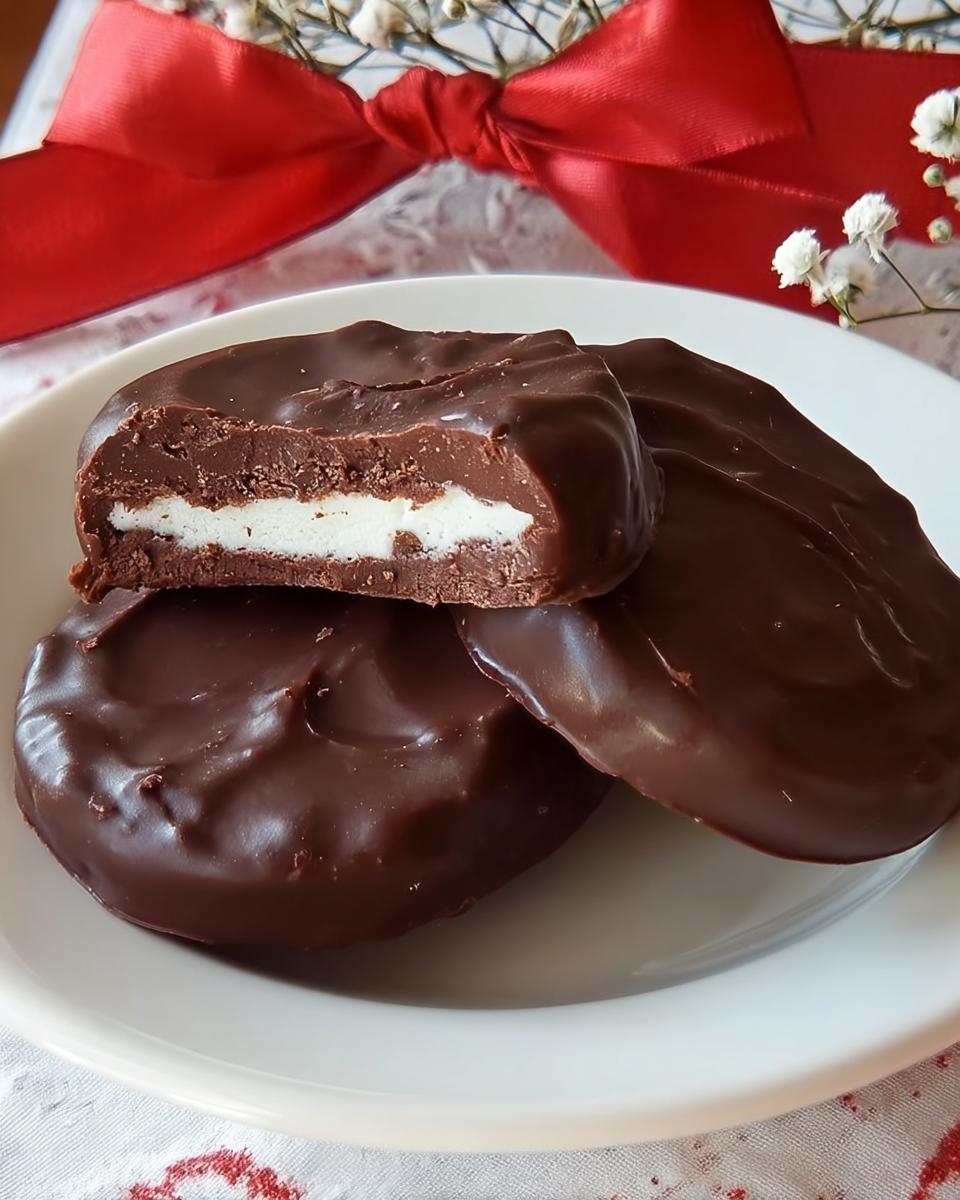Close-up of homemade peppermint patties, one cut in half showing the white peppermint filling and dark chocolate coating.