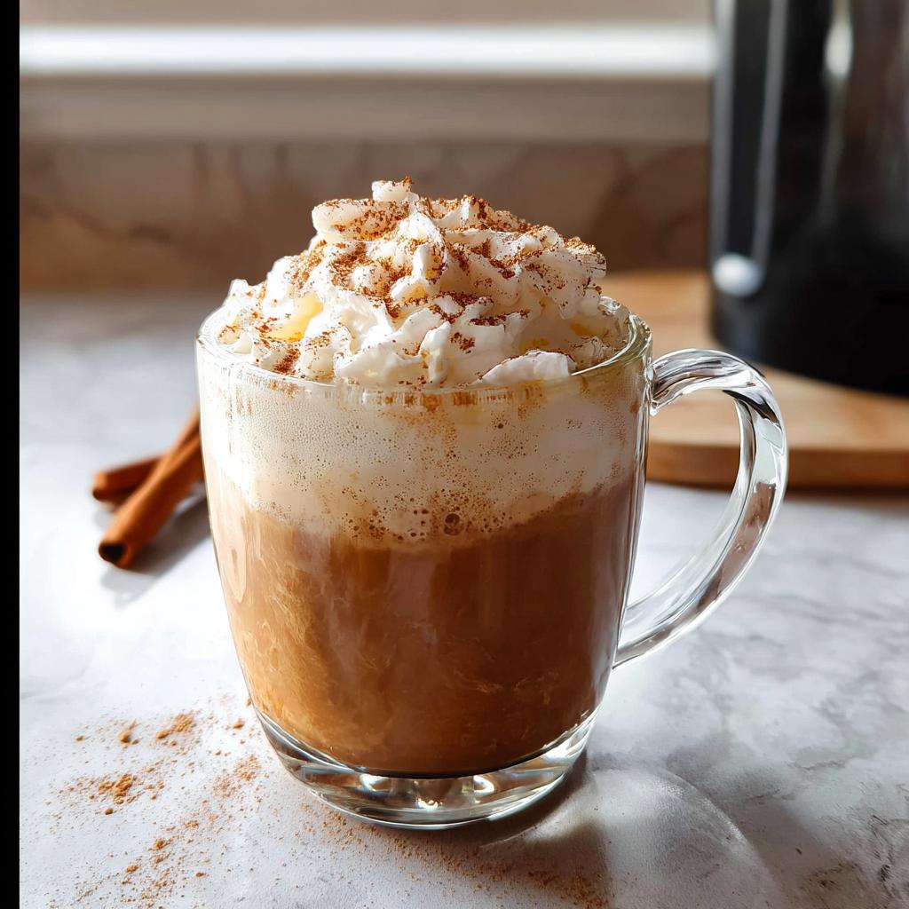 A delicious Homemade Pumpkin Spice Latte topped with whipped cream and cinnamon in a clear mug, with cinnamon sticks in the background.