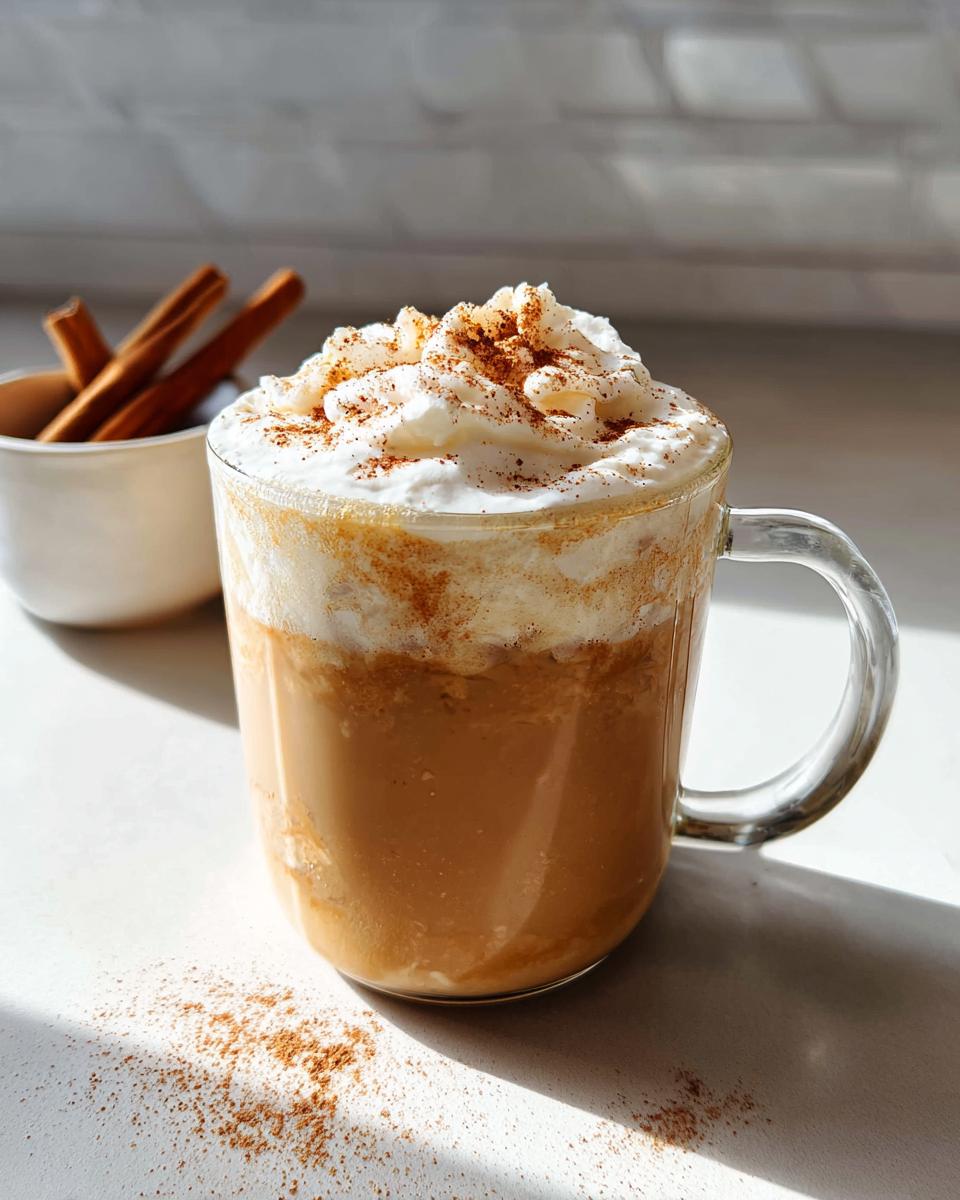 A delicious Homemade Pumpkin Spice Latte topped with whipped cream and a sprinkle of cinnamon.
