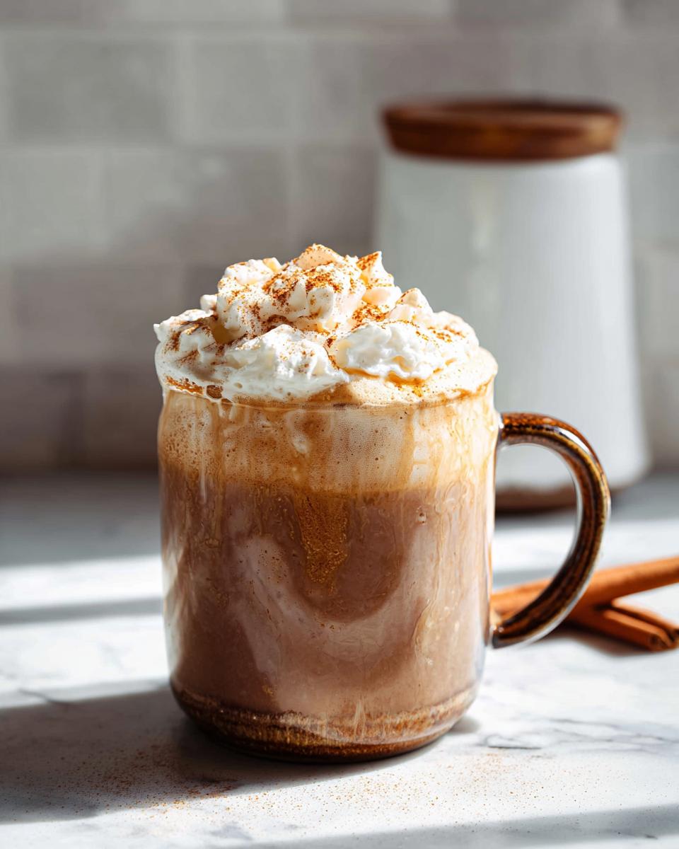 A delicious Homemade Pumpkin Spice Latte topped with whipped cream and a sprinkle of cinnamon in a rustic mug.