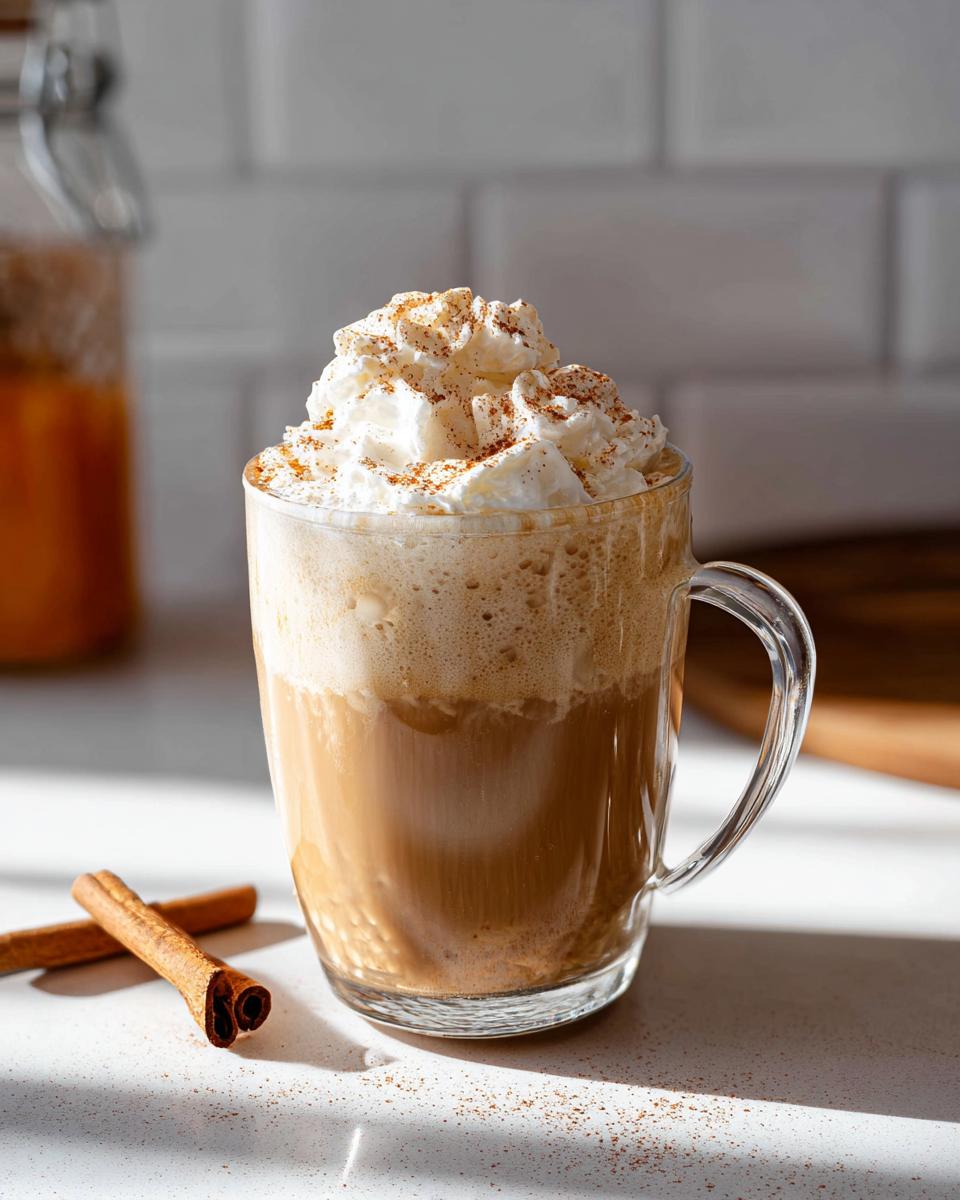 A delicious homemade pumpkin spice latte topped with whipped cream and cinnamon in a clear mug, with cinnamon sticks nearby.