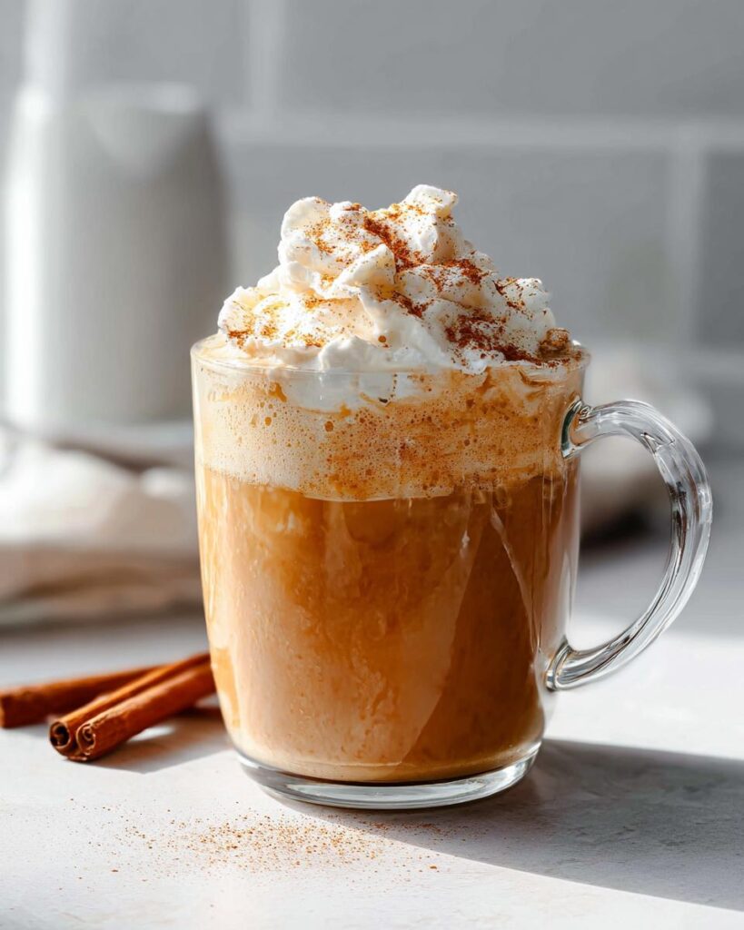 A delicious Homemade Pumpkin Spice Latte topped with whipped cream and cinnamon in a clear mug, with cinnamon sticks nearby.