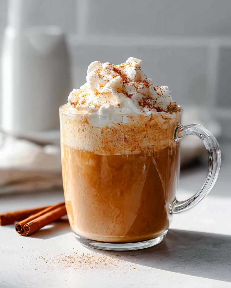 A delicious Homemade Pumpkin Spice Latte topped with whipped cream and cinnamon in a clear mug, with cinnamon sticks nearby.
