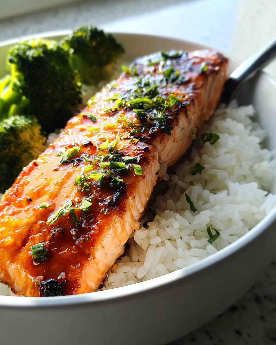 A bowl of Honey-Garlic Salmon with Rice and broccoli, topped with herbs. Ready to eat!