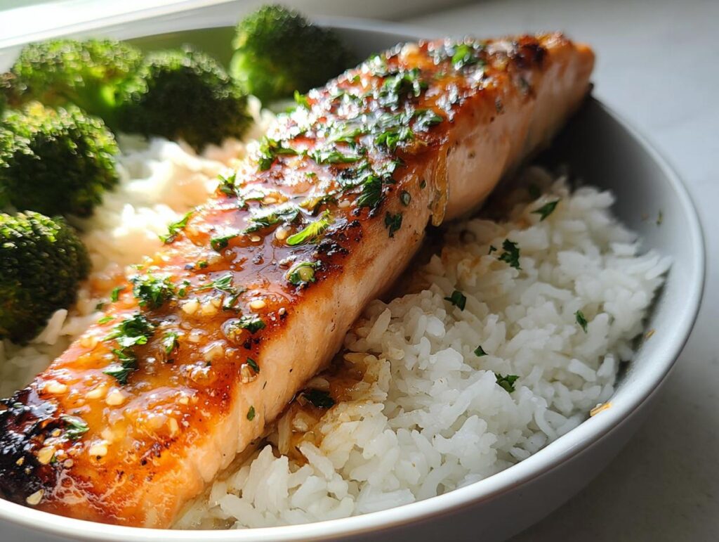 Honey-Garlic Salmon with Rice and Broccoli. A delicious and healthy meal.