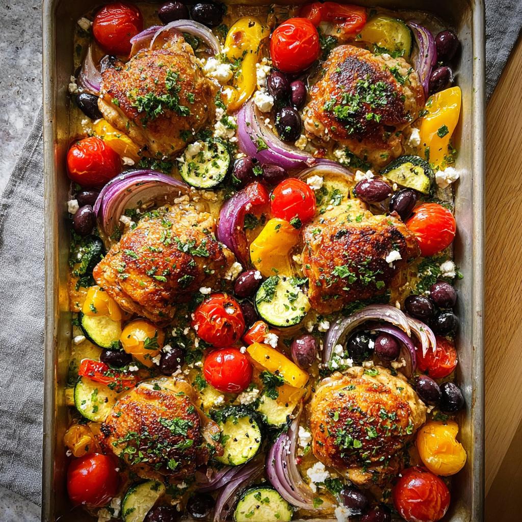 A full pan of golden-brown Honey Mustard Chicken Breasts roasted with colorful vegetables like tomatoes, zucchini, bell peppers, and red onion.