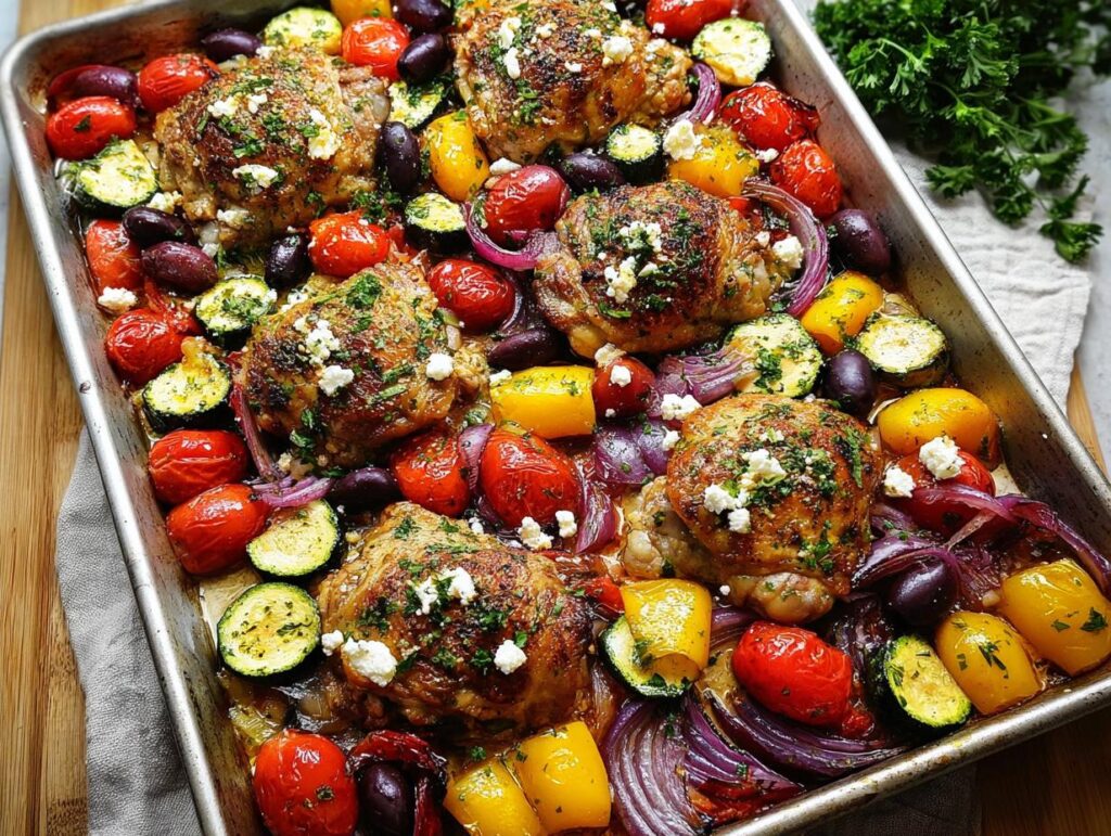 A close-up of Honey Mustard Chicken Breasts baked on a sheet pan with cherry tomatoes, zucchini, bell peppers, red onion, and olives, topped with feta cheese and herbs.