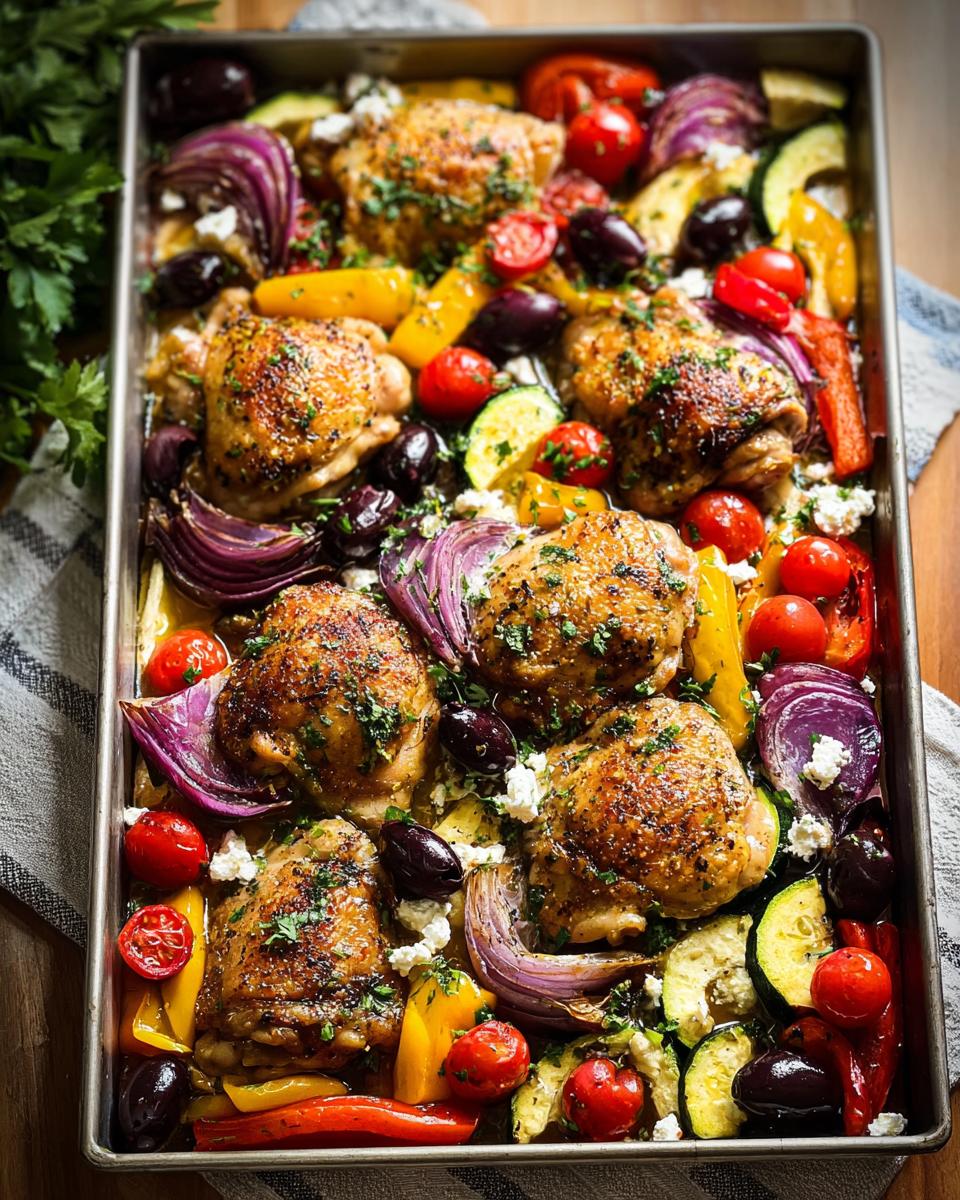 A colorful sheet pan filled with golden-brown Honey Mustard Chicken Breasts, roasted vegetables, olives, and feta cheese.