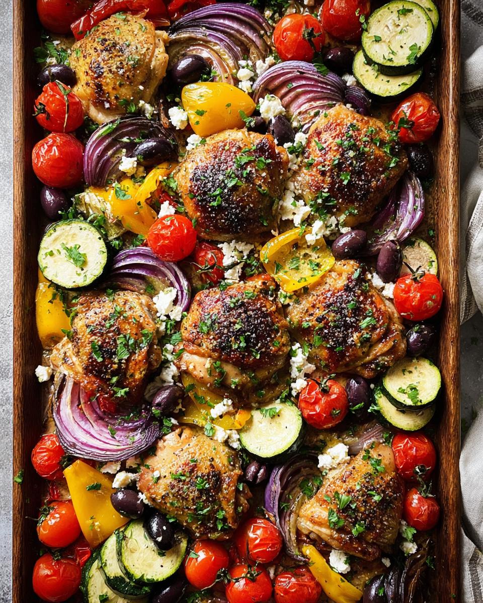 Overhead view of Honey Mustard Chicken Breasts baked on a sheet pan with cherry tomatoes, zucchini, red onion, bell peppers, olives, and feta cheese.