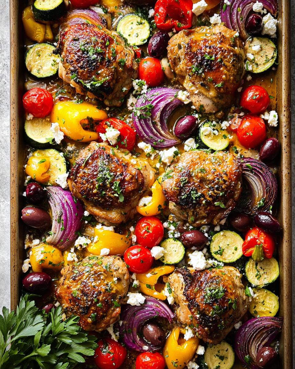A pan of golden-brown Honey Mustard Chicken Breasts baked with colorful vegetables like zucchini, bell peppers, red onion, tomatoes, and olives.