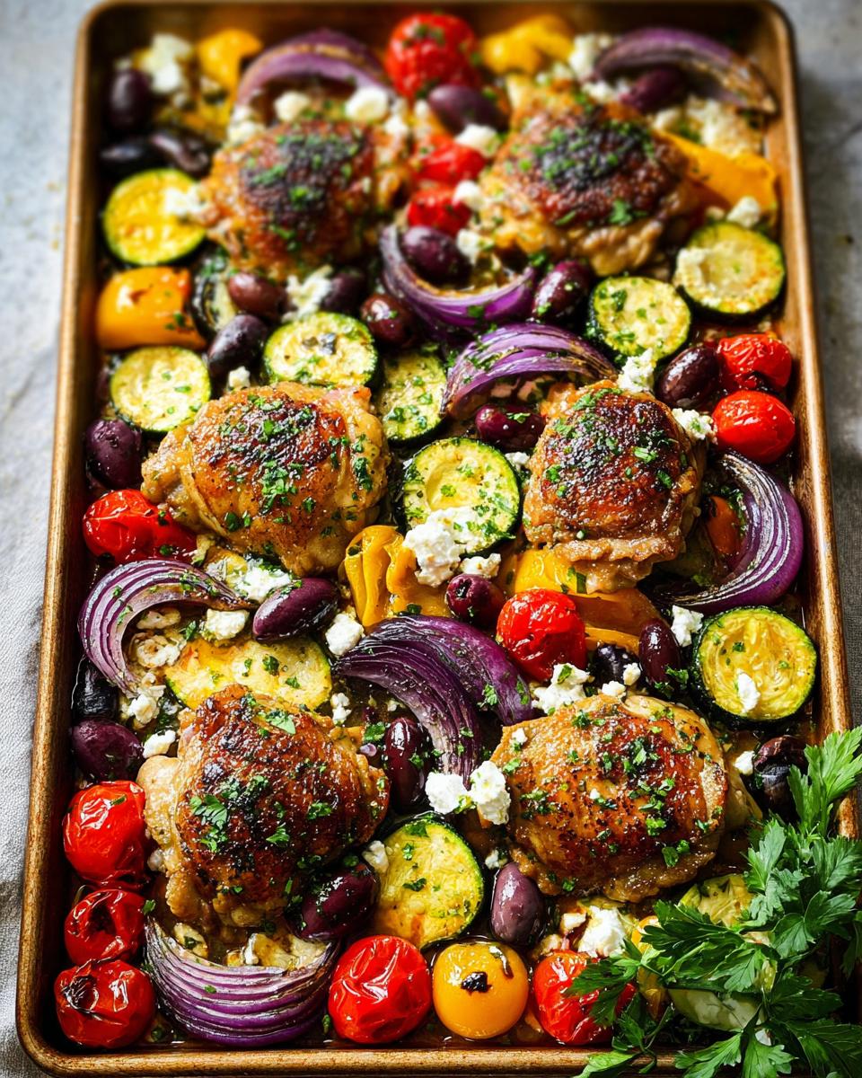 A close-up of Honey Mustard Chicken Breasts baked with colorful vegetables like zucchini, tomatoes, red onion, and olives, topped with feta cheese and parsley.
