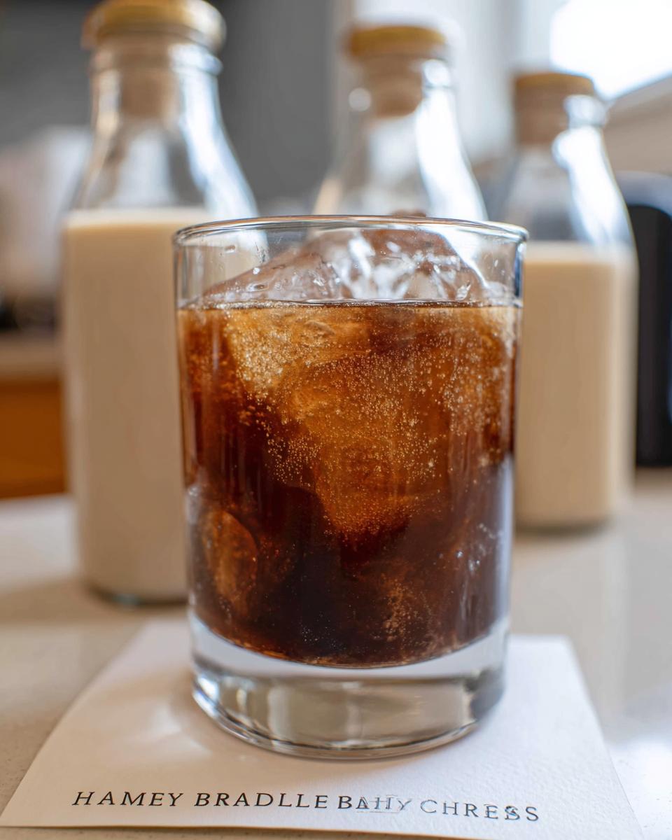 A glass of homemade Baileys with ice and bubbles, with bottles of cream liqueur in the background.