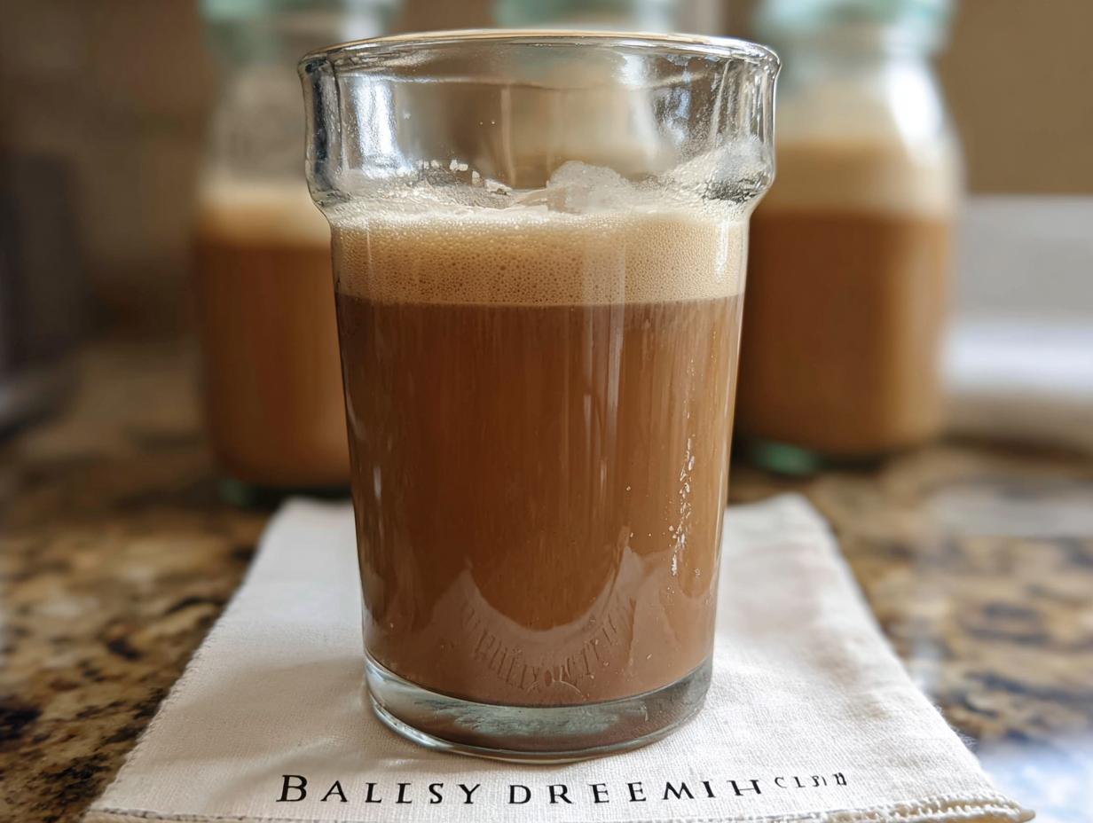 A close-up of a glass filled with frothy, creamy Baileys liqueur, with bottles in the background.