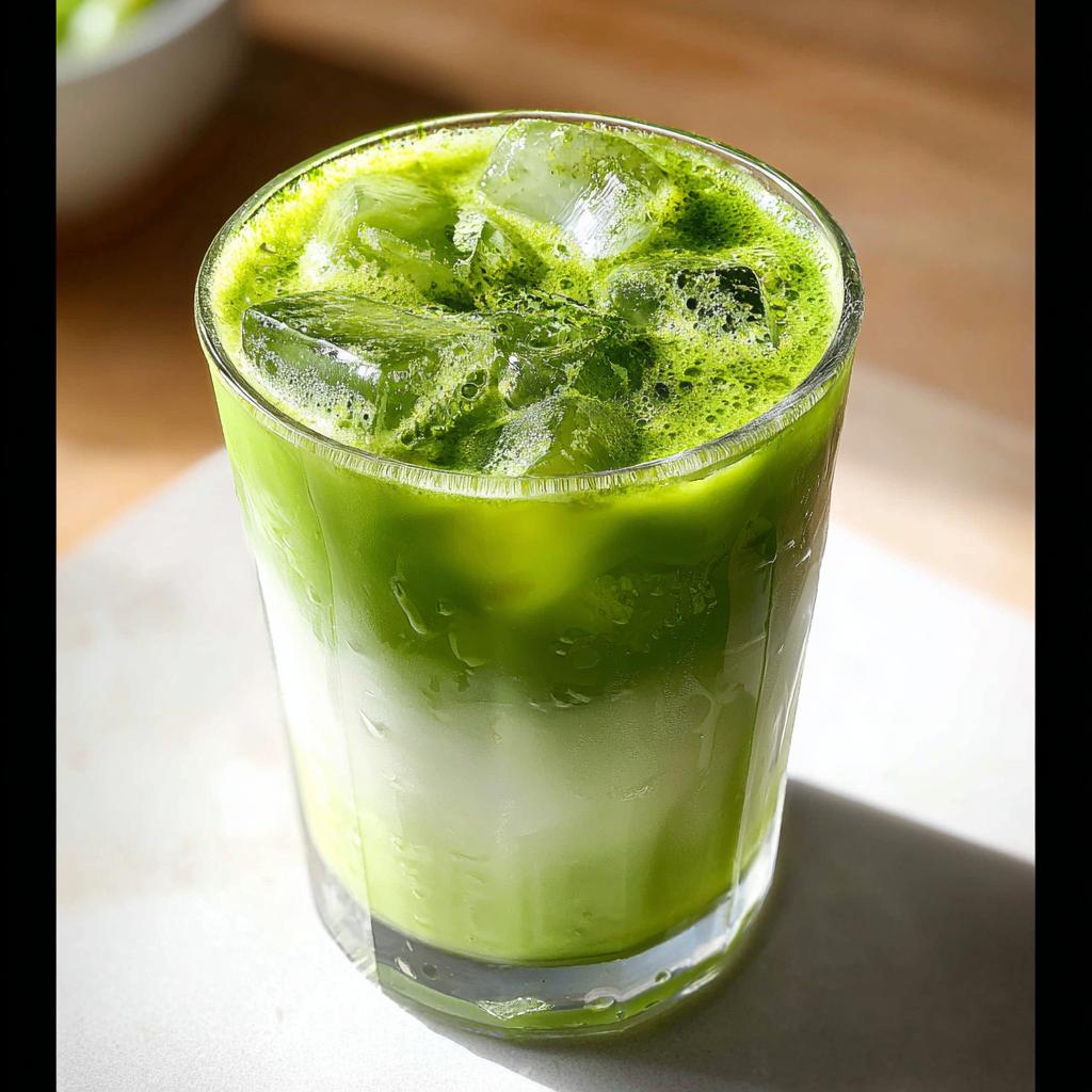 A tall glass filled with an Iced Matcha Latte, showing layers of milk and vibrant green matcha with ice cubes.
