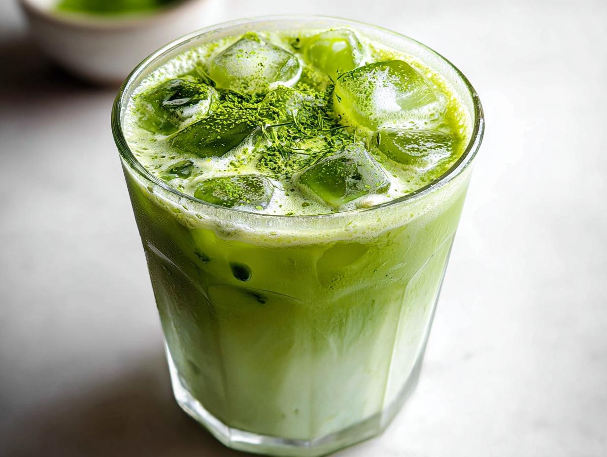 A tall glass filled with an Iced Matcha Latte, complete with ice cubes and a dusting of matcha powder.