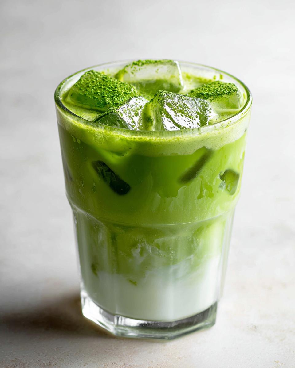 A tall glass filled with an Iced Matcha Latte, showing layers of milk and vibrant green matcha, topped with ice cubes and a dusting of matcha powder.