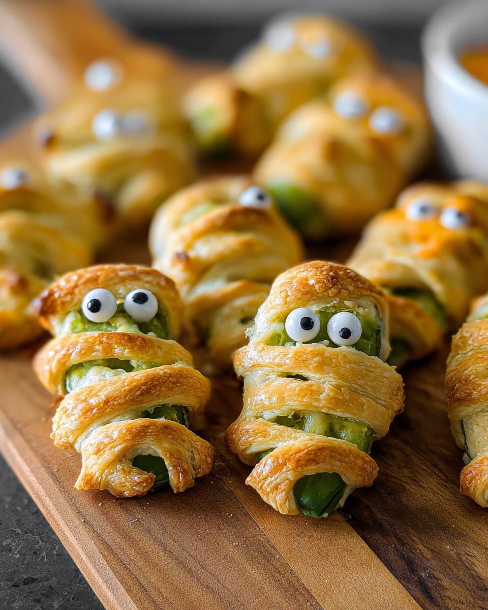 Close-up of Jalapeño Mummy Poppers arranged on a wooden board, featuring pastry wrappings and candy eyes.