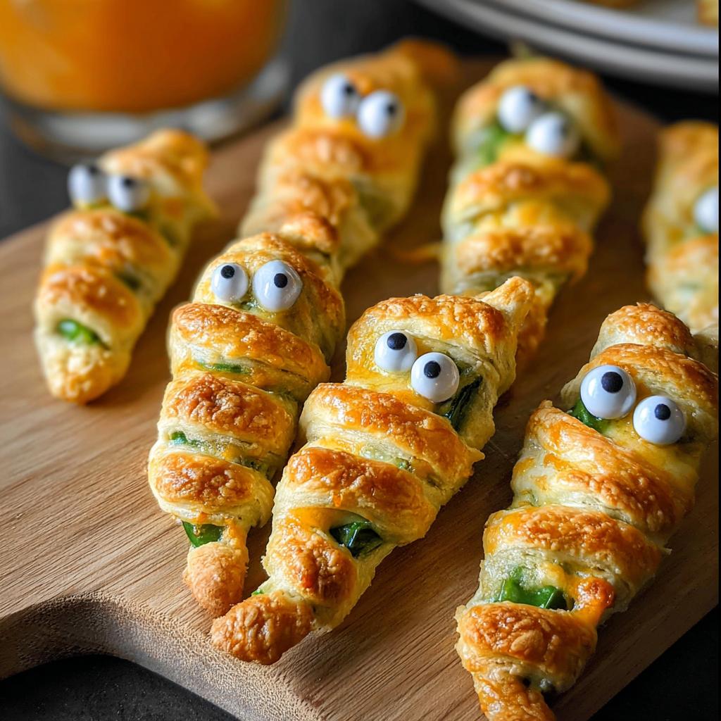Close-up of several Jalapeño Mummy Poppers with eyes on a wooden cutting board.