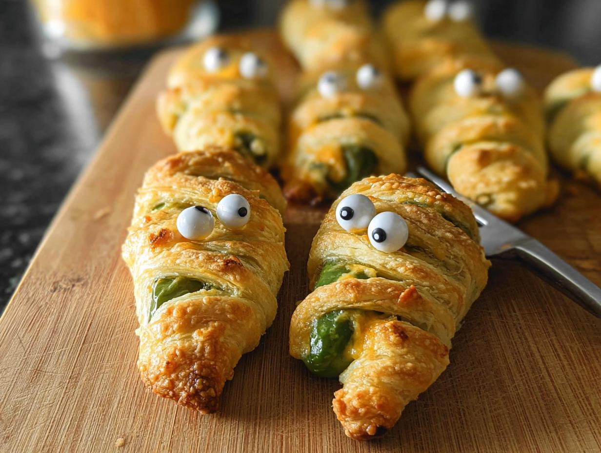 Close-up of Jalapeño Mummy Poppers with crescent roll dough, cheese, jalapeños, and candy eyes.