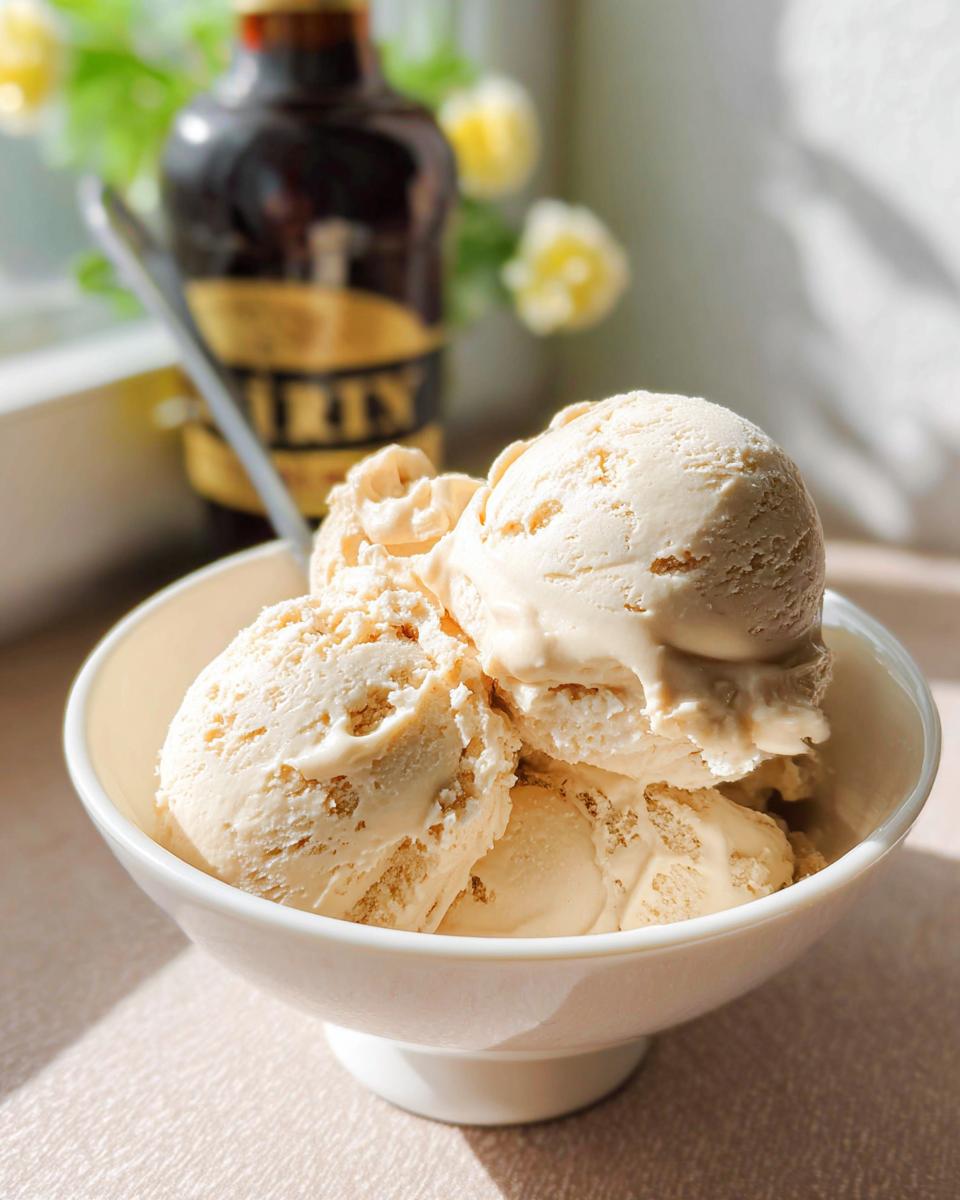 A white bowl filled with scoops of creamy Baileys ice cream, with a bottle of Baileys in the background.