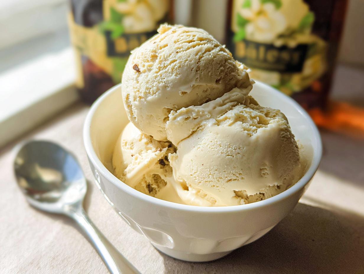Three scoops of creamy Baileys ice cream in a white bowl with a spoon, ready to be enjoyed.
