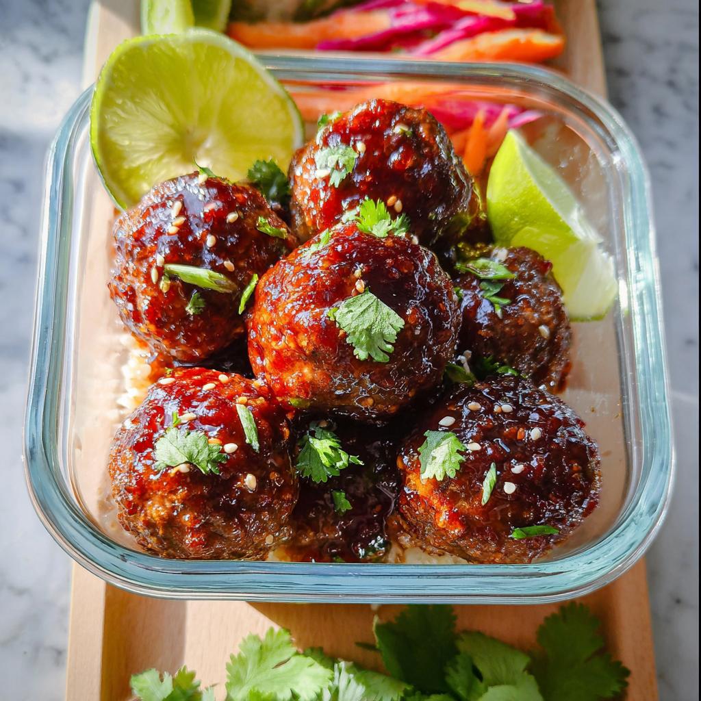 Maple-Sriracha Cocktail Meatballs in a glass bowl, garnished with cilantro and lime wedges.