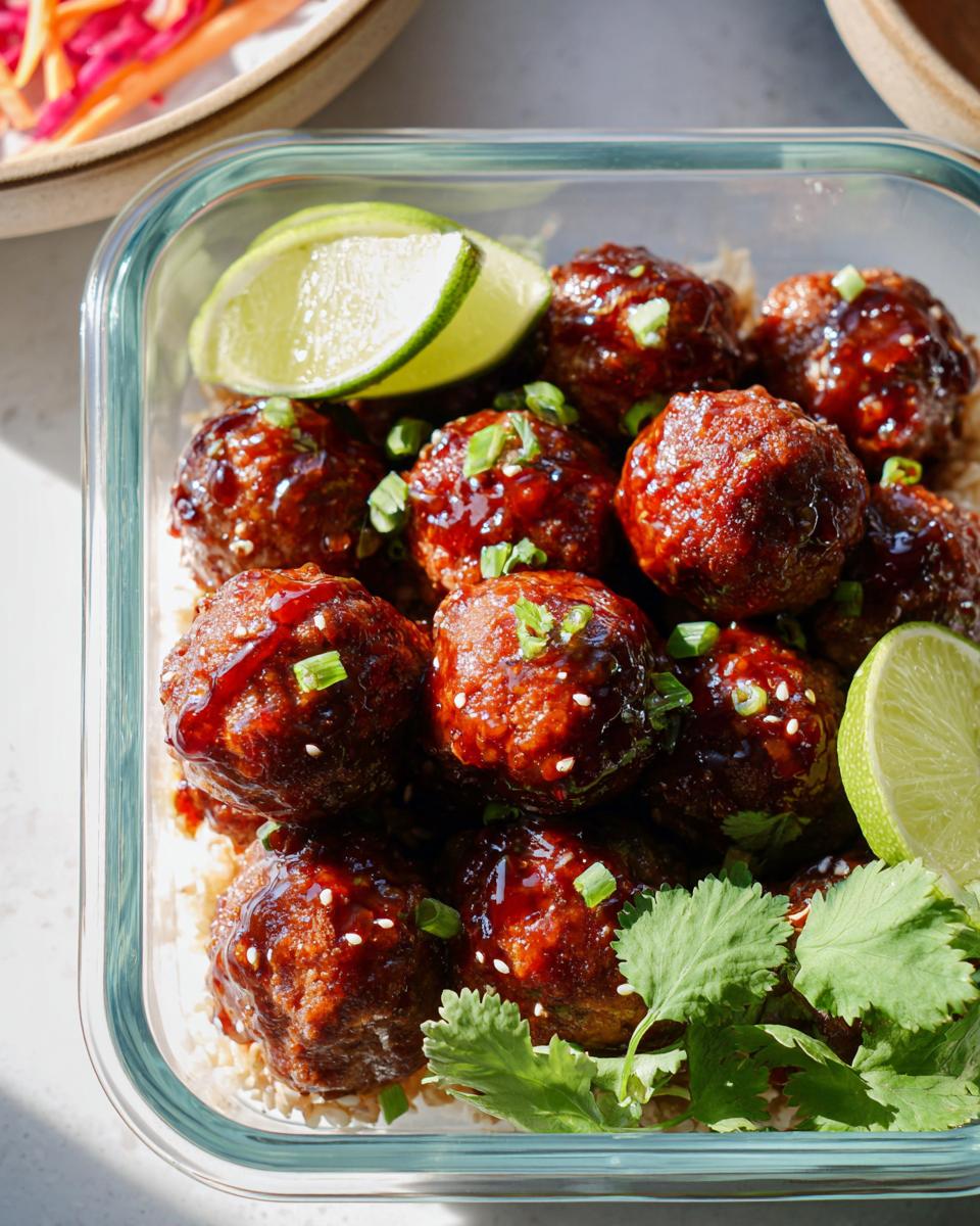 Maple Sriracha Cocktail Meatballs in a glass container, garnished with lime and cilantro.
