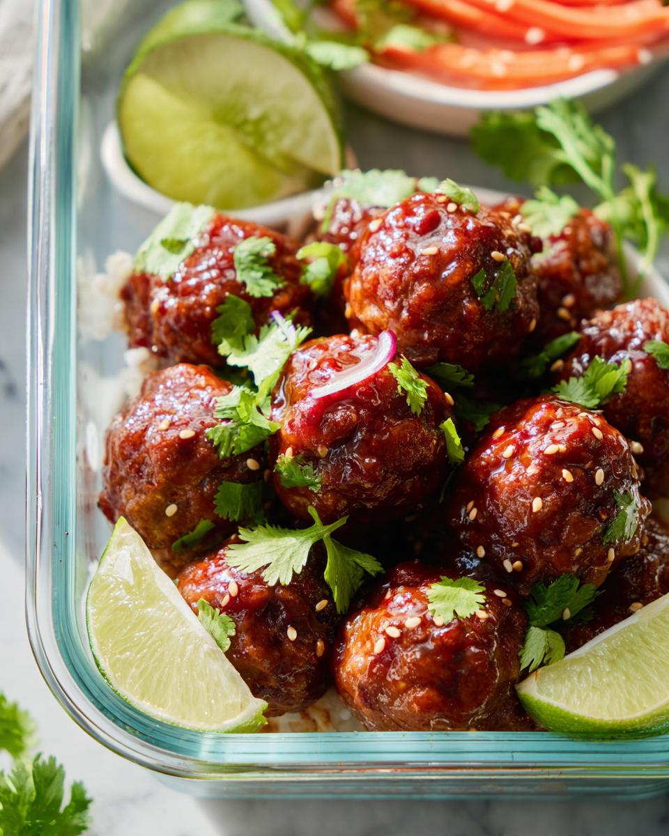 Close-up of Maple Sriracha Cocktail Meatballs in a glass container, garnished with cilantro and lime wedges.