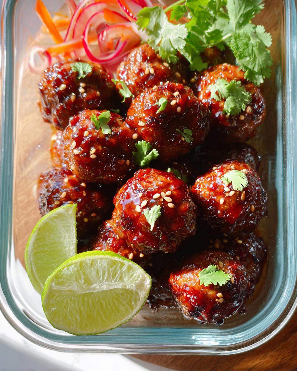 Overhead shot of Maple-Sriracha Cocktail Meatballs in a glass container, garnished with sesame seeds, cilantro and lime wedges.