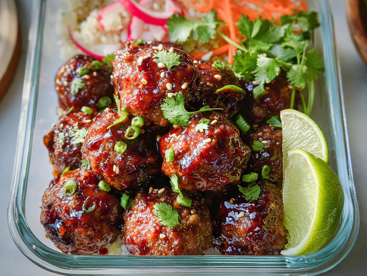 Close-up of Maple Sriracha Cocktail Meatballs in a glass dish, garnished with cilantro, sesame seeds, and lime.