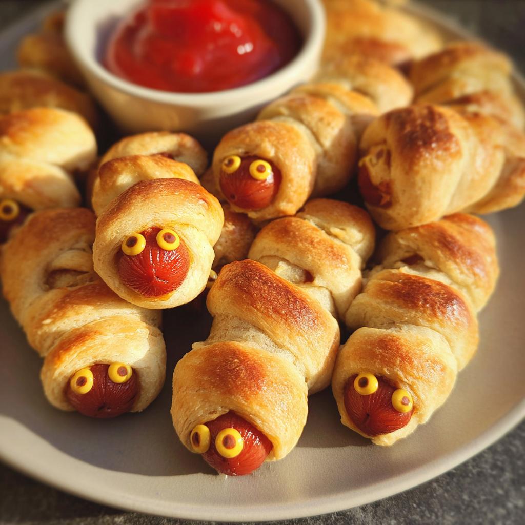 A plate of Mini Cocktail Mummy Dogs, baked and decorated with mustard 'eyes', served with ketchup.