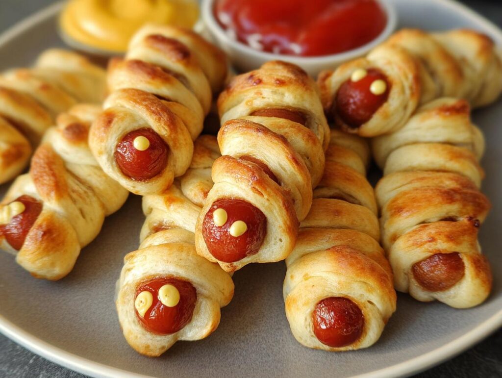 A plate of freshly baked Mini Cocktail Mummy Dogs with mustard eyes, ready to be served with ketchup and mustard dips.