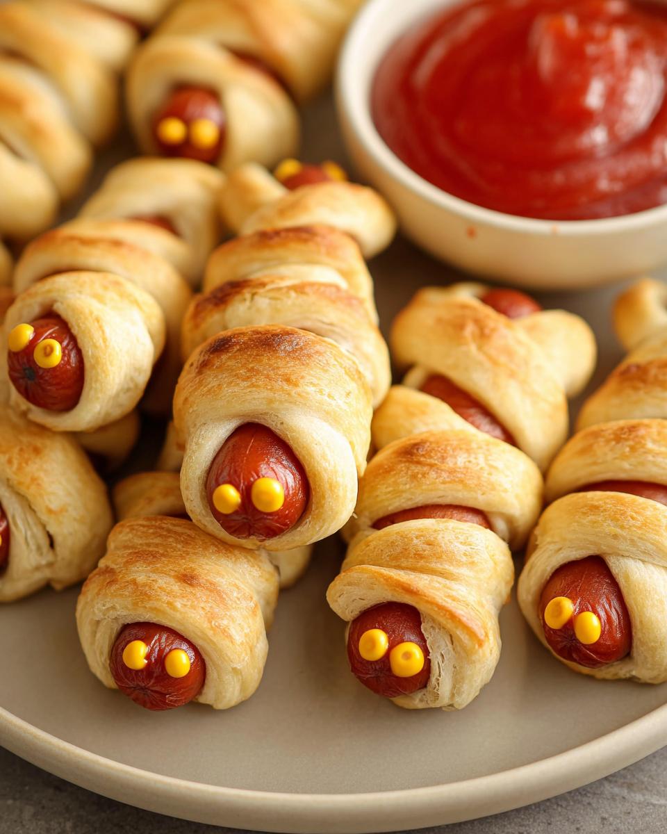 A plate of Mini Cocktail Mummy Dogs (Perfect for Dips!) with ketchup for dipping.