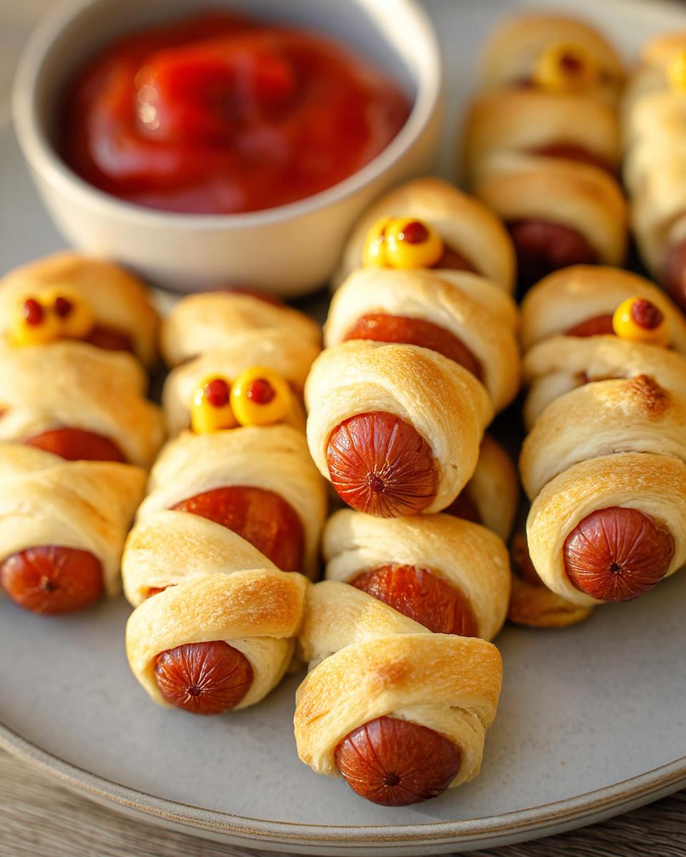 Close-up of Mini Cocktail Mummy Dogs, baked and served with a side of ketchup for dipping.