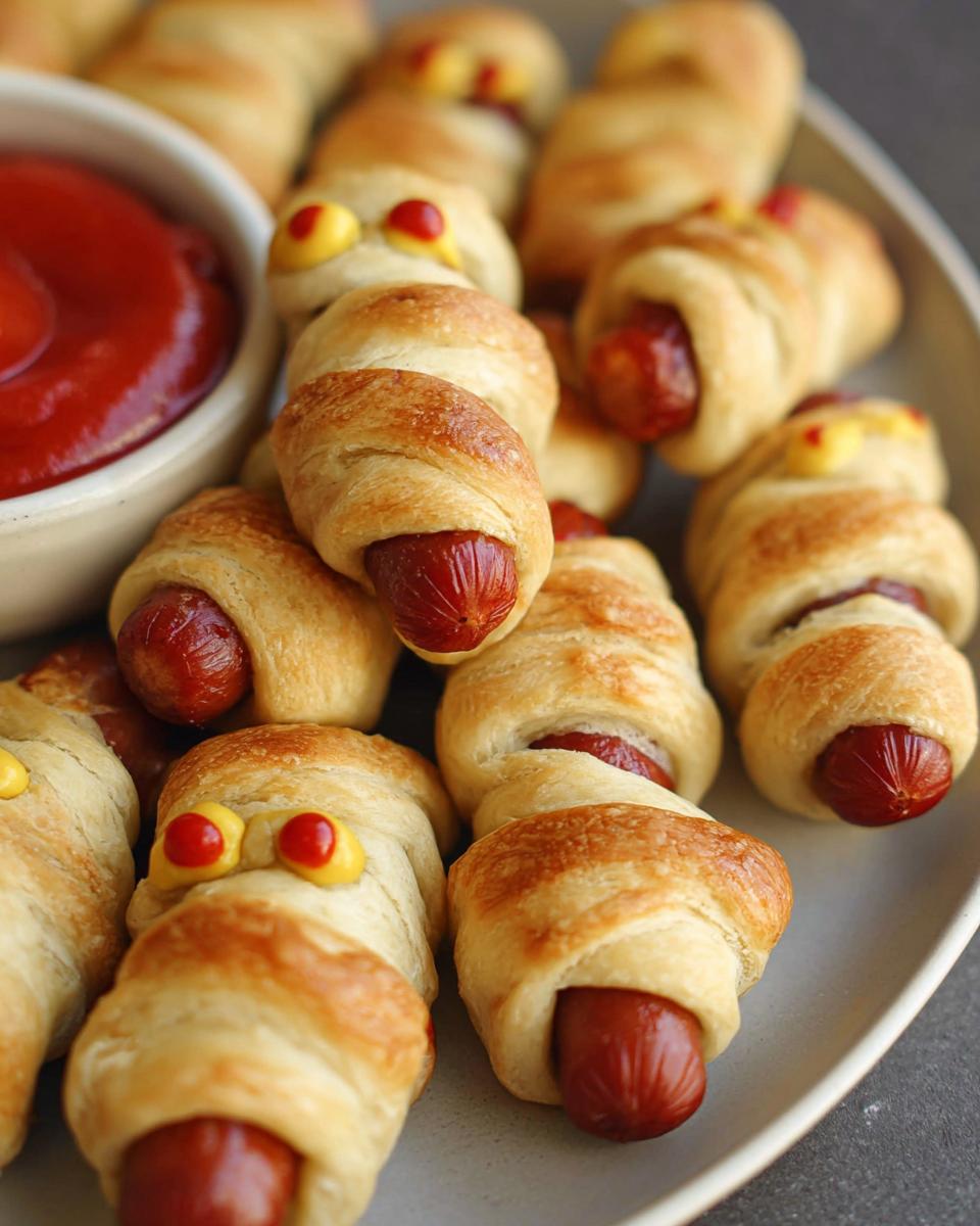 A plate of Mini Cocktail Mummy Dogs, baked in pastry, some decorated with mustard 'eyes', served with a ketchup dip.