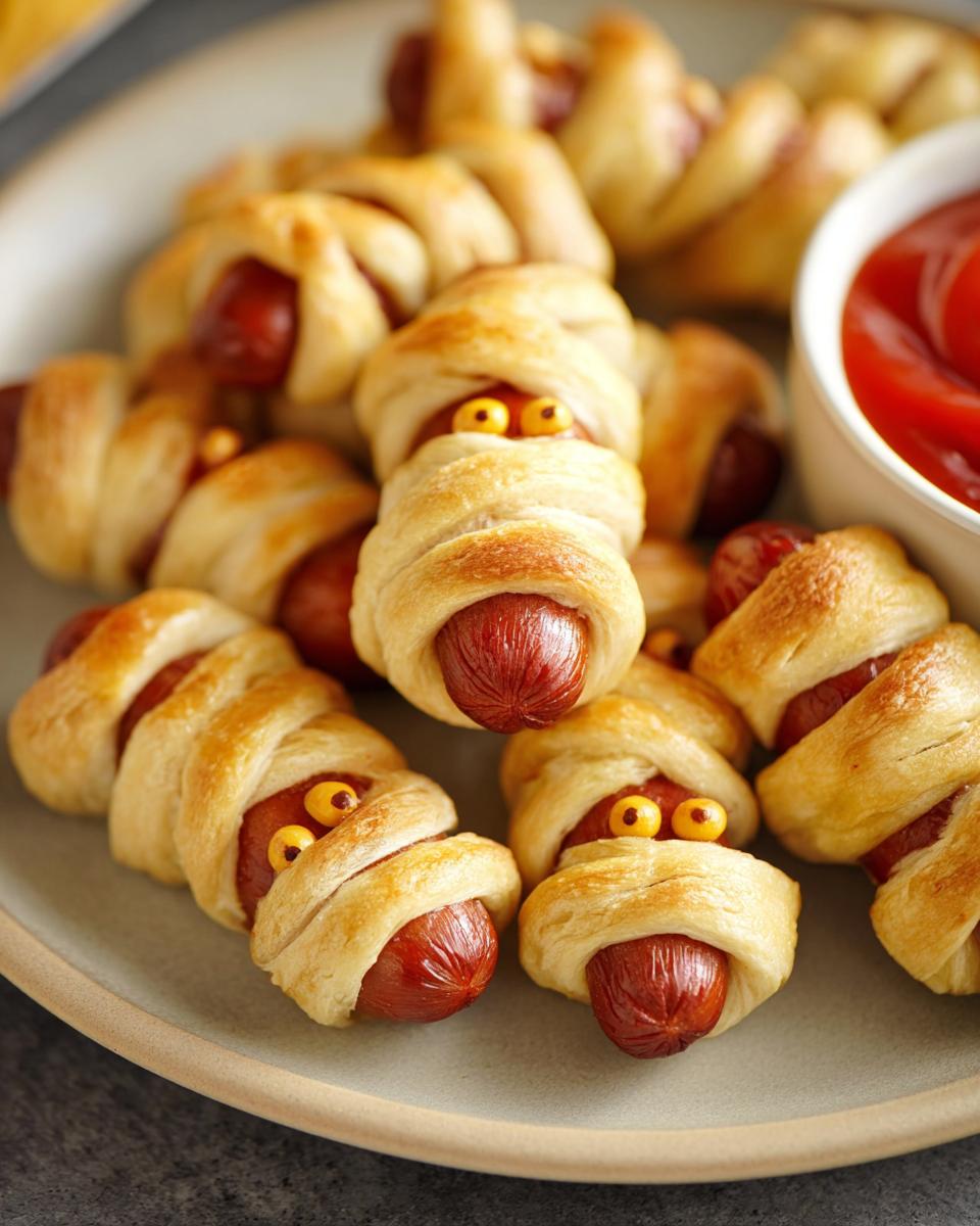 A plate of Mini Cocktail Mummy Dogs, perfect for dips, with ketchup on the side. Halloween appetizer.
