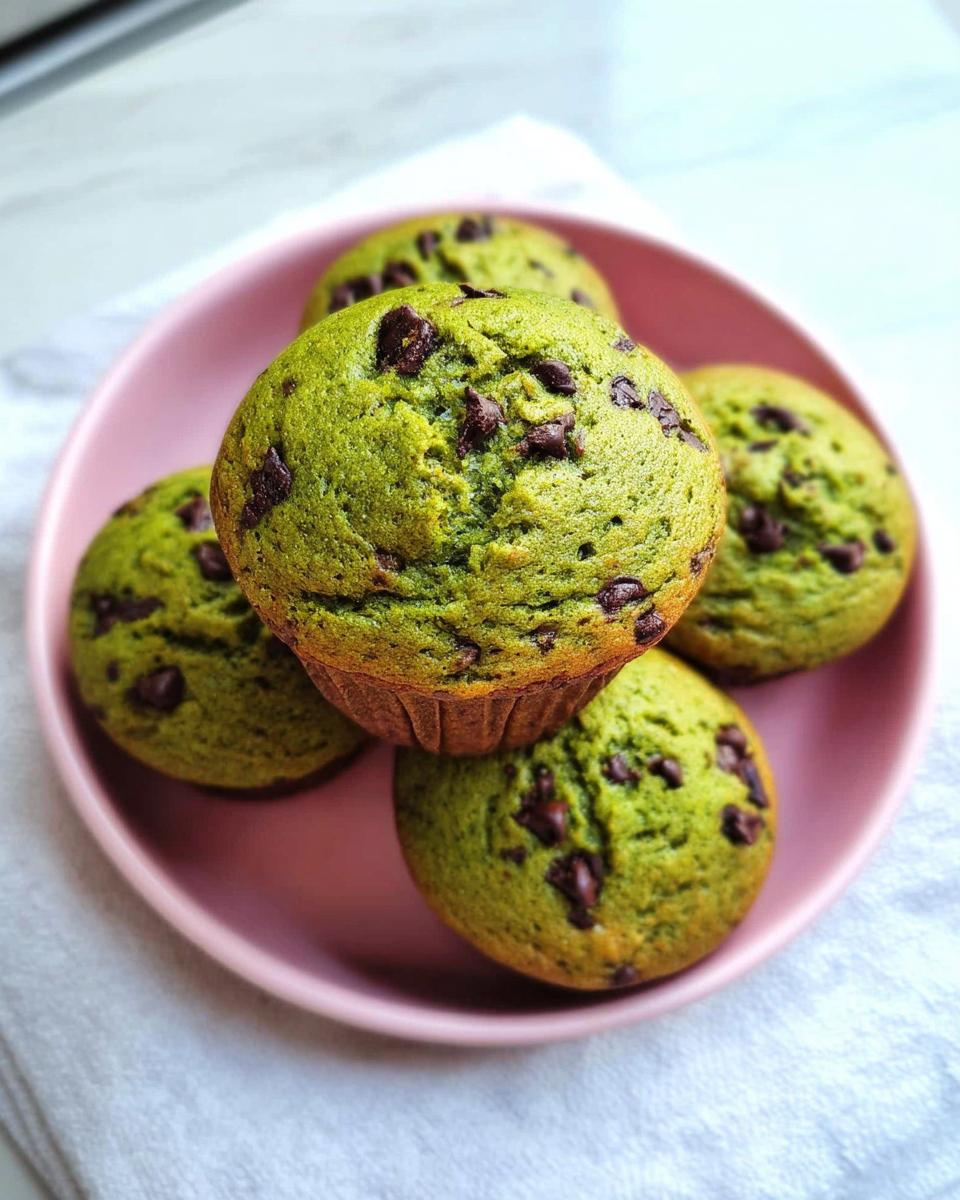 A plate of green Monster Muffins for Kids, studded with chocolate chips, ready to be enjoyed.