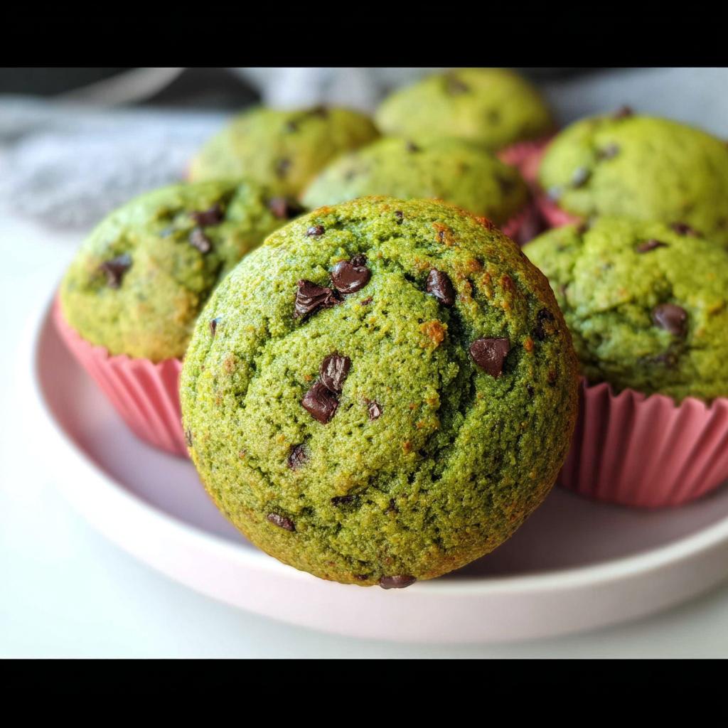 Close-up of green Monster Muffins for Kids dotted with chocolate chips, presented on a pink plate.